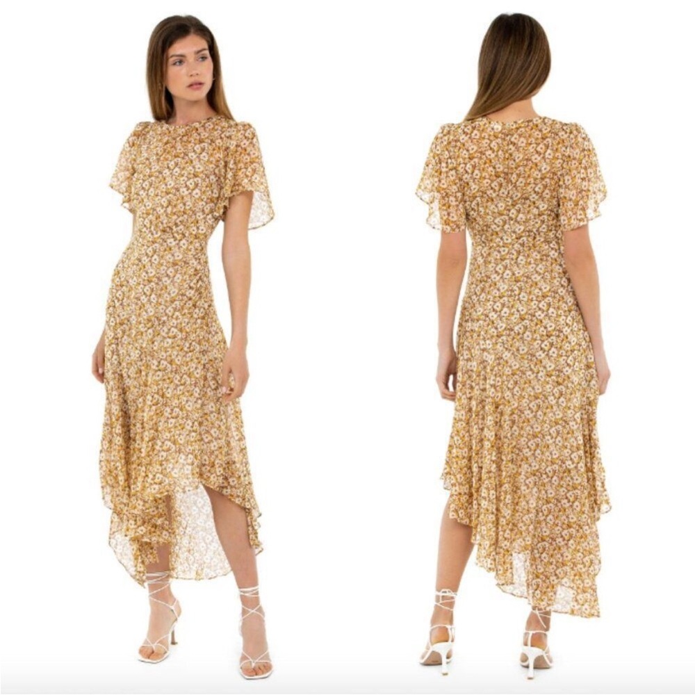 ASTR mustard yellow brown cream floral metallic ditzy flutter sleeve maxi dress